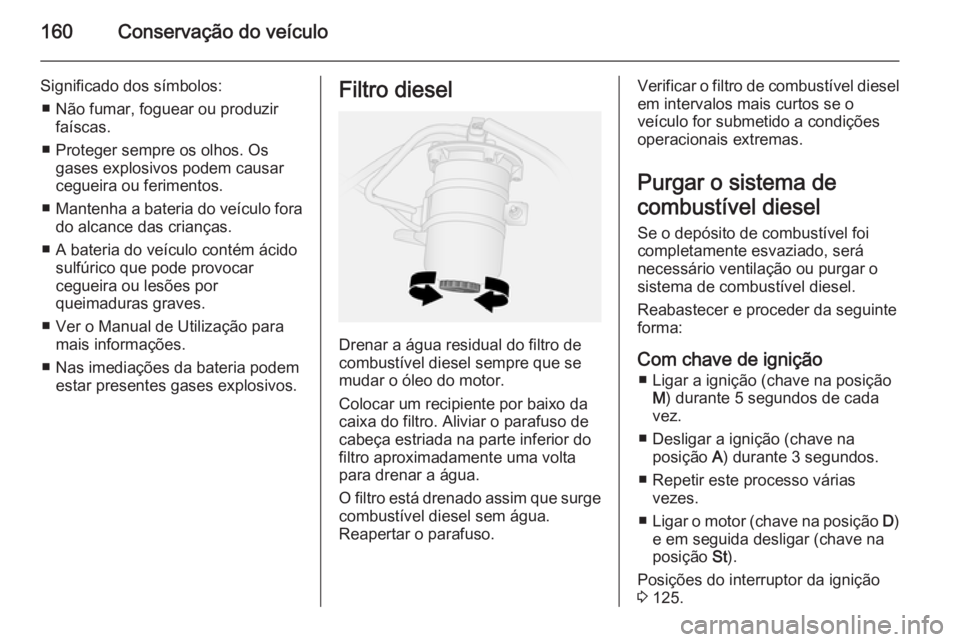 OPEL VIVARO B 2015.5 Manual de Instruções (in Portugues) 160Conservação do veículo
Significado dos símbolos:■ Não fumar, foguear ou produzir faíscas.
■ Proteger sempre os olhos. Os gases explosivos podem causar
cegueira ou ferimentos.
■ Mantenha OPEL VIVARO B 2015.5 Manual de Instruções (in Portugues) 160Conservação do veículo
Significado dos símbolos:■ Não fumar, foguear ou produzir faíscas.
■ Proteger sempre os olhos. Os gases explosivos podem causar
cegueira ou ferimentos.
■ Mantenha