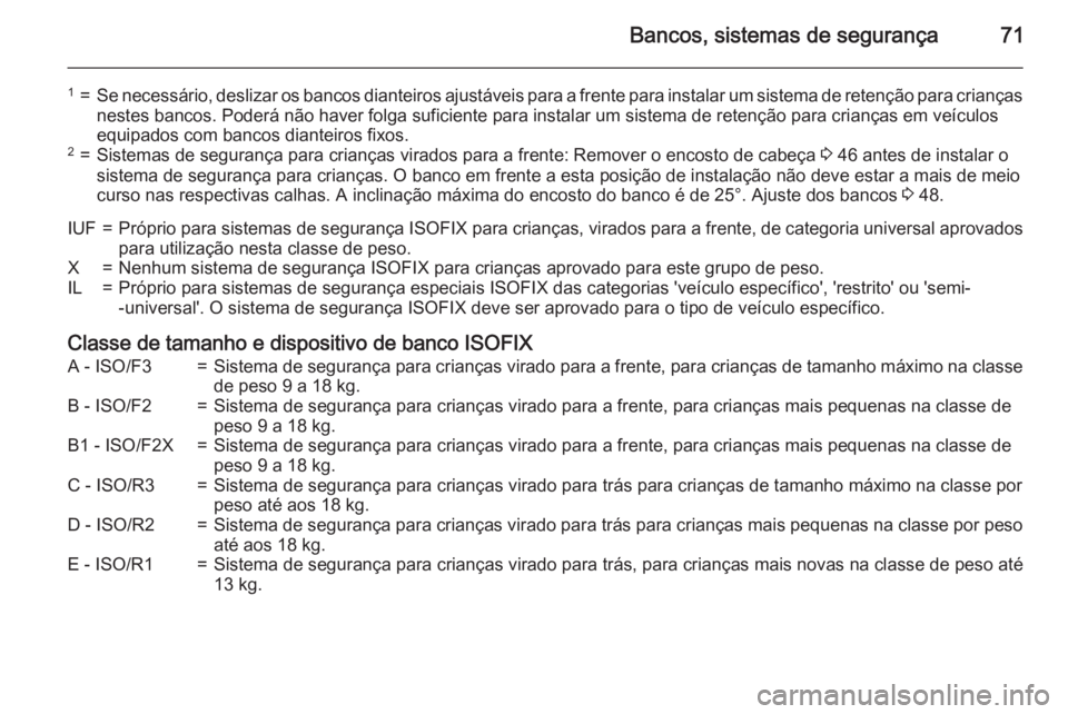 OPEL VIVARO B 2015.5  Manual de Instruções (in Portugues) Bancos, sistemas de segurança71
1=Se necessário, deslizar os bancos dianteiros ajustáveis para a frente para instalar um sistema de retenção para criançasnestes bancos. Poderá não haver folga 