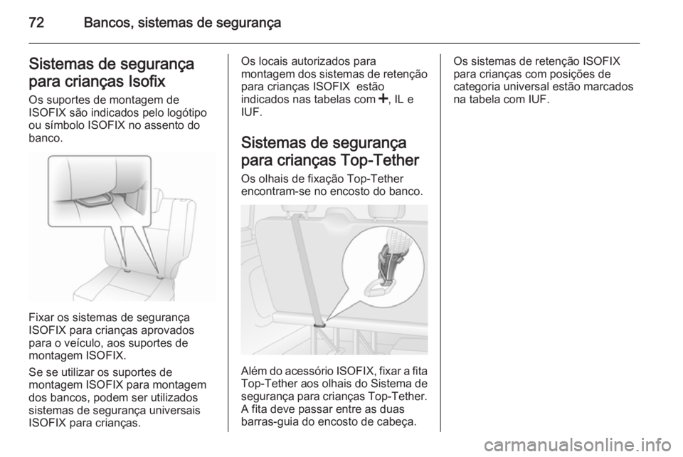OPEL VIVARO B 2015.5  Manual de Instruções (in Portugues) 72Bancos, sistemas de segurançaSistemas de segurança
para crianças Isofix
Os suportes de montagem de
ISOFIX são indicados pelo logótipo
ou símbolo ISOFIX no assento do
banco.
Fixar os sistemas d