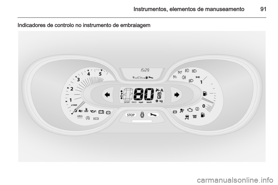 OPEL VIVARO B 2015.5 Manual de Instruções (in Portugues) Instrumentos, elementos de manuseamento91
Indicadores de controlo no instrumento de embraiagem OPEL VIVARO B 2015.5 Manual de Instruções (in Portugues) Instrumentos, elementos de manuseamento91
Indicadores de controlo no instrumento de embraiagem