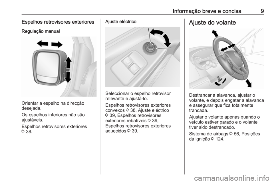 OPEL VIVARO B 2016 Manual de Instruções (in Portugues) Informação breve e concisa9Espelhos retrovisores exteriores
Regulação manual
Orientar a espelho na direcção
desejada.
Os espelhos inferiores não são
ajustáveis.
Espelhos retrovisores exterior OPEL VIVARO B 2016 Manual de Instruções (in Portugues) Informação breve e concisa9Espelhos retrovisores exteriores
Regulação manual
Orientar a espelho na direcção
desejada.
Os espelhos inferiores não são
ajustáveis.
Espelhos retrovisores exterior