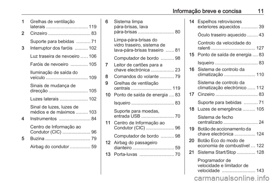 OPEL VIVARO B 2016  Manual de Instruções (in Portugues) Informação breve e concisa111Grelhas de ventilação
laterais ................................ 119
2 Cinzeiro ................................. 83
Suporte para bebidas  ..........71
3 Interruptor do