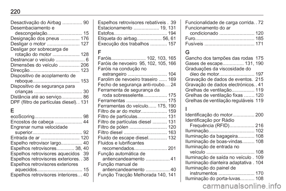 OPEL VIVARO B 2016 Manual de Instruções (in Portugues) 220Desactivação do Airbag ..............90
Desembaciamento e descongelação .......................... 15
Designação dos pneus ..............176
Desligar o motor ........................127
Des OPEL VIVARO B 2016 Manual de Instruções (in Portugues) 220Desactivação do Airbag ..............90
Desembaciamento e descongelação .......................... 15
Designação dos pneus ..............176
Desligar o motor ........................127
Des