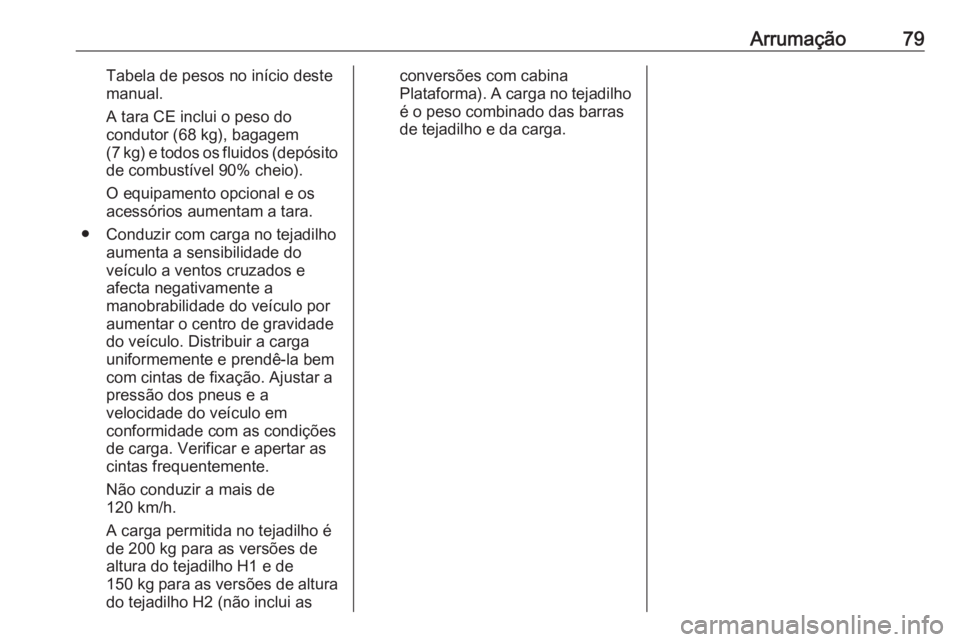 OPEL VIVARO B 2016.5 Manual de Instruções (in Portugues) Arrumação79Tabela de pesos no início deste
manual.
A tara CE inclui o peso do
condutor (68 kg), bagagem
(7 kg) e todos os fluidos (depósito
de combustível 90% cheio).
O equipamento opcional e os
OPEL VIVARO B 2016.5 Manual de Instruções (in Portugues) Arrumação79Tabela de pesos no início deste
manual.
A tara CE inclui o peso do
condutor (68 kg), bagagem
(7 kg) e todos os fluidos (depósito
de combustível 90% cheio).
O equipamento opcional e os