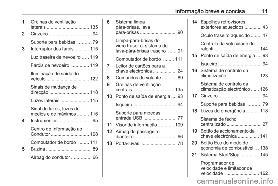 OPEL VIVARO B 2017.5  Manual de Instruções (in Portugues) Informação breve e concisa111Grelhas de ventilação
laterais ................................ 135
2 Cinzeiro ................................. 94
Suporte para bebidas  ..........79
3 Interruptor do