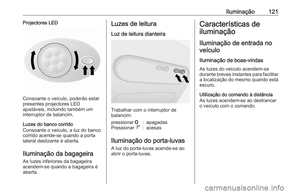 OPEL VIVARO B 2017.5 Manual de Instruções (in Portugues) Iluminação121Projectores LED
Consoante o veículo, poderão estar
presentes projectores LED
ajustáveis, incluindo também um
interruptor de balancim.
Luzes do banco corrido
Consoante o veículo, a OPEL VIVARO B 2017.5 Manual de Instruções (in Portugues) Iluminação121Projectores LED
Consoante o veículo, poderão estar
presentes projectores LED
ajustáveis, incluindo também um
interruptor de balancim.
Luzes do banco corrido
Consoante o veículo, a