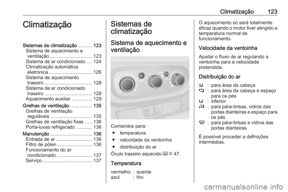 OPEL VIVARO B 2017.5 Manual de Instruções (in Portugues) Climatização123ClimatizaçãoSistemas de climatização..........123
Sistema de aquecimento e ventilação ............................... 123
Sistema de ar condicionado ....124
Climatização autom OPEL VIVARO B 2017.5 Manual de Instruções (in Portugues) Climatização123ClimatizaçãoSistemas de climatização..........123
Sistema de aquecimento e ventilação ............................... 123
Sistema de ar condicionado ....124
Climatização autom