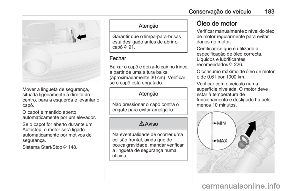 OPEL VIVARO B 2018 Manual de Instruções (in Portugues) Conservação do veículo183
Mover a lingueta de segurança,
situada ligeiramente à direita do
centro, para a esquerda e levantar o
capô.
O capot é mantido aberto
automaticamente por um elevador.
S OPEL VIVARO B 2018 Manual de Instruções (in Portugues) Conservação do veículo183
Mover a lingueta de segurança,
situada ligeiramente à direita do
centro, para a esquerda e levantar o
capô.
O capot é mantido aberto
automaticamente por um elevador.
S