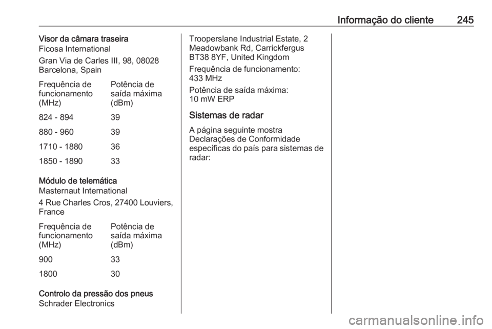 OPEL VIVARO B 2018 Manual de Instruções (in Portugues) Informação do cliente245Visor da câmara traseira
Ficosa International
Gran Via de Carles III, 98, 08028
Barcelona, SpainFrequência de
funcionamento
(MHz)Potência de
saída máxima
(dBm)824 - 8943 OPEL VIVARO B 2018 Manual de Instruções (in Portugues) Informação do cliente245Visor da câmara traseira
Ficosa International
Gran Via de Carles III, 98, 08028
Barcelona, SpainFrequência de
funcionamento
(MHz)Potência de
saída máxima
(dBm)824 - 8943