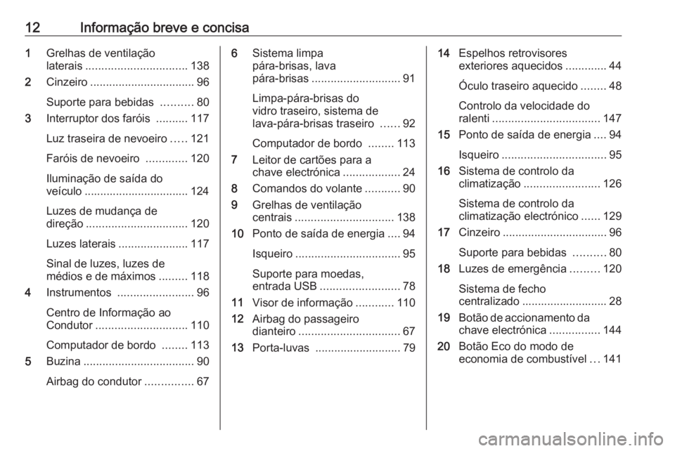 OPEL VIVARO B 2018.5 Manual de Instruções (in Portugues) 12Informação breve e concisa1Grelhas de ventilação
laterais ................................ 138
2 Cinzeiro ................................. 96
Suporte para bebidas ..........80
3 Interruptor do OPEL VIVARO B 2018.5 Manual de Instruções (in Portugues) 12Informação breve e concisa1Grelhas de ventilação
laterais ................................ 138
2 Cinzeiro ................................. 96
Suporte para bebidas ..........80
3 Interruptor do