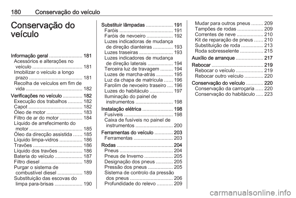 OPEL VIVARO B 2018.5  Manual de Instruções (in Portugues) 180Conservação do veículoConservação do
veículoInformação geral ........................181
Acessórios e alterações no veículo .................................... 181
Imobilizar o veícul