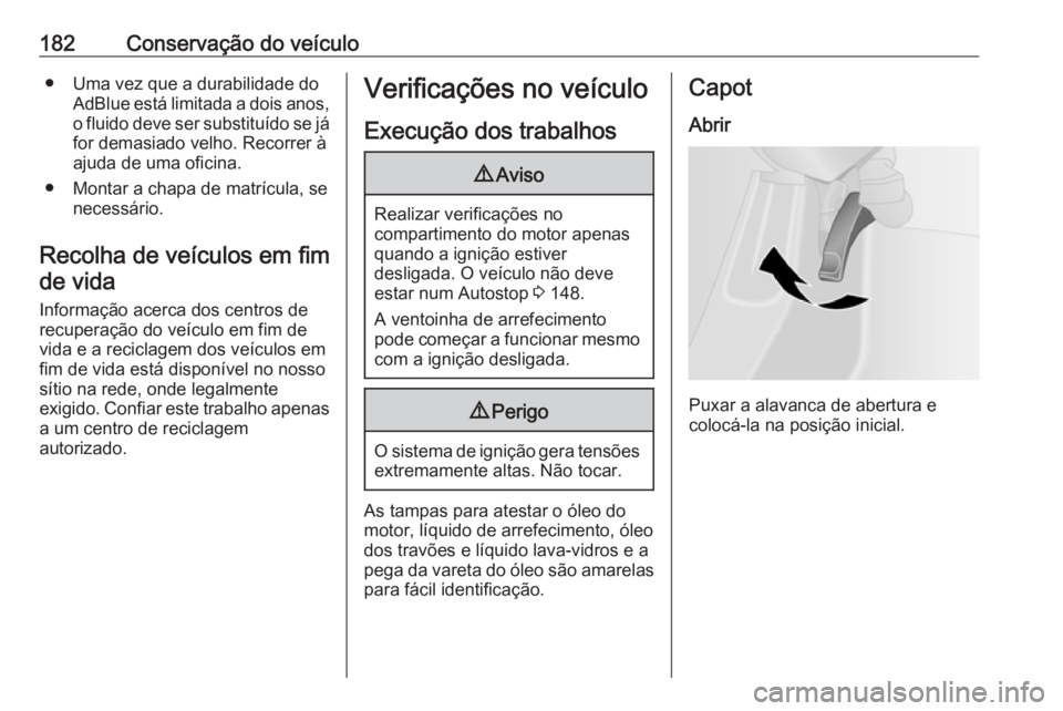 OPEL VIVARO B 2018.5  Manual de Instruções (in Portugues) 182Conservação do veículo● Uma vez que a durabilidade doAdBlue está limitada a dois anos,
o fluido deve ser substituído se já for demasiado velho. Recorrer à
ajuda de uma oficina.
● Montar 
