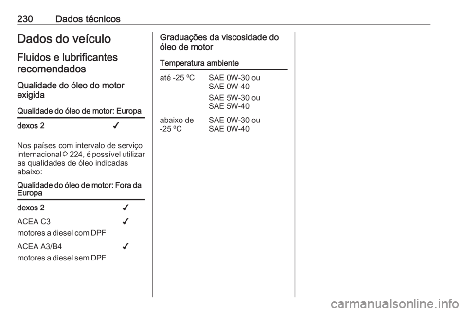 OPEL VIVARO B 2018.5  Manual de Instruções (in Portugues) 230Dados técnicosDados do veículo
Fluidos e lubrificantes recomendados
Qualidade do óleo do motor
exigidaQualidade do óleo de motor: Europadexos 2✔
Nos países com intervalo de serviço
internac