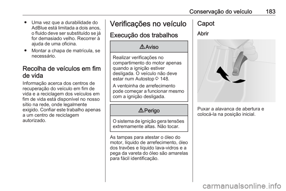 OPEL VIVARO B 2019  Manual de Instruções (in Portugues) Conservação do veículo183● Uma vez que a durabilidade doAdBlue está limitada a dois anos,o fluido deve ser substituído se já
for demasiado velho. Recorrer à
ajuda de uma oficina.
● Montar a