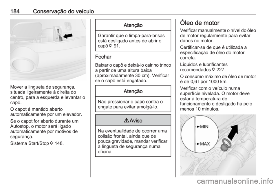 OPEL VIVARO B 2019  Manual de Instruções (in Portugues) 184Conservação do veículo
Mover a lingueta de segurança,
situada ligeiramente à direita do
centro, para a esquerda e levantar o
capô.
O capot é mantido aberto
automaticamente por um elevador.
S