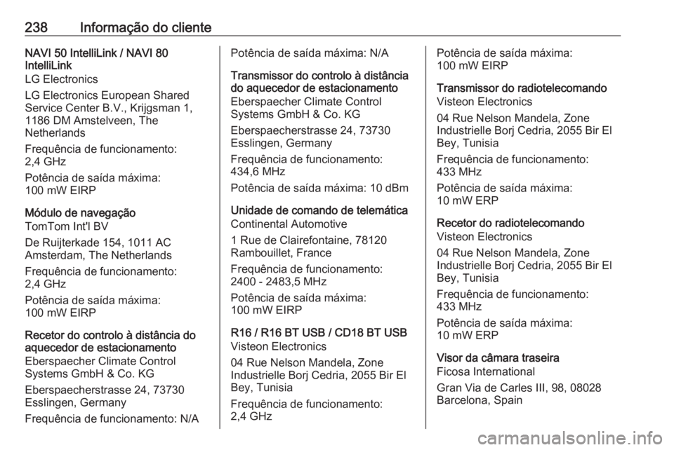 OPEL VIVARO B 2019 Manual de Instruções (in Portugues) 238Informação do clienteNAVI 50 IntelliLink / NAVI 80
IntelliLink
LG Electronics
LG Electronics European Shared
Service Center B.V., Krijgsman 1,
1186 DM Amstelveen, The
Netherlands
Frequência de f OPEL VIVARO B 2019 Manual de Instruções (in Portugues) 238Informação do clienteNAVI 50 IntelliLink / NAVI 80
IntelliLink
LG Electronics
LG Electronics European Shared
Service Center B.V., Krijgsman 1,
1186 DM Amstelveen, The
Netherlands
Frequência de f