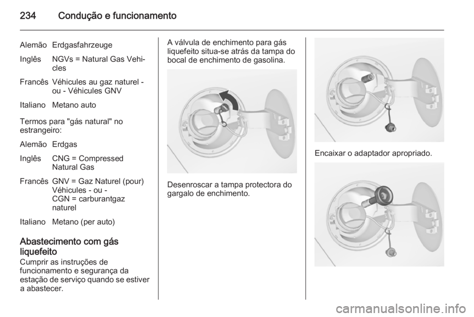 OPEL ZAFIRA C 2014 Manual de Instruções (in Portugues) 234Condução e funcionamento
AlemãoErdgasfahrzeugeInglêsNGVs = Natural Gas Vehi‐
clesFrancêsVéhicules au gaz naturel -
ou - Véhicules GNVItalianoMetano auto
Termos para "gás natural" OPEL ZAFIRA C 2014 Manual de Instruções (in Portugues) 234Condução e funcionamento
AlemãoErdgasfahrzeugeInglêsNGVs = Natural Gas Vehi‐
clesFrancêsVéhicules au gaz naturel -
ou - Véhicules GNVItalianoMetano auto
Termos para "gás natural"