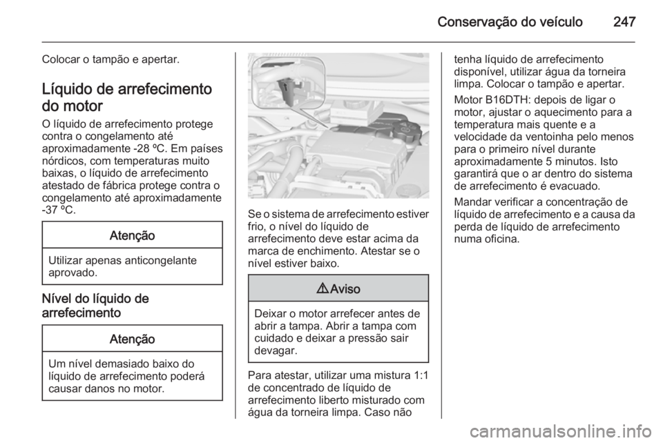 OPEL ZAFIRA C 2014  Manual de Instruções (in Portugues) Conservação do veículo247
Colocar o tampão e apertar.
Líquido de arrefecimento
do motor
O líquido de arrefecimento protege
contra o congelamento até
aproximadamente -28 ºC. Em países
nórdico