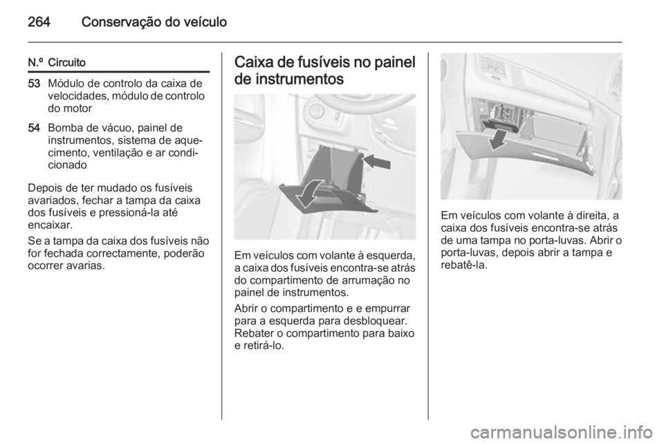 OPEL ZAFIRA C 2014 Manual de Instruções (in Portugues) 264Conservação do veículo
N.ºCircuito53Módulo de controlo da caixa de
velocidades, módulo de controlo do motor54Bomba de vácuo, painel de
instrumentos, sistema de aque‐
cimento, ventilação OPEL ZAFIRA C 2014 Manual de Instruções (in Portugues) 264Conservação do veículo
N.ºCircuito53Módulo de controlo da caixa de
velocidades, módulo de controlo do motor54Bomba de vácuo, painel de
instrumentos, sistema de aque‐
cimento, ventilação