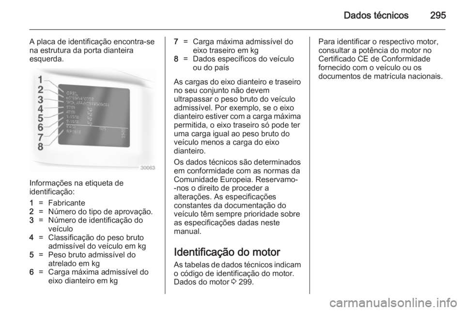 OPEL ZAFIRA C 2014 Manual de Instruções (in Portugues) Dados técnicos295
A placa de identificação encontra-se
na estrutura da porta dianteira
esquerda.
Informações na etiqueta de
identificação:
1=Fabricante2=Número do tipo de aprovação.3=Número OPEL ZAFIRA C 2014 Manual de Instruções (in Portugues) Dados técnicos295
A placa de identificação encontra-se
na estrutura da porta dianteira
esquerda.
Informações na etiqueta de
identificação:
1=Fabricante2=Número do tipo de aprovação.3=Número