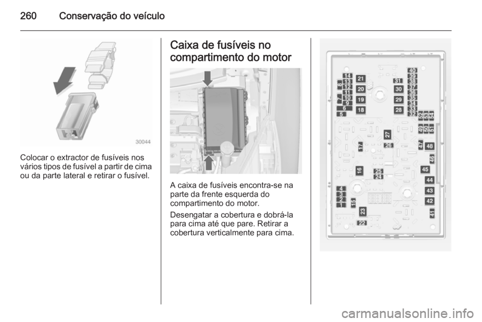 OPEL ZAFIRA C 2014.5 Manual de Instruções (in Portugues) 260Conservação do veículo
Colocar o extractor de fusíveis nos
vários tipos de fusível a partir de cima
ou da parte lateral e retirar o fusível.
Caixa de fusíveis no
compartimento do motor
A ca OPEL ZAFIRA C 2014.5 Manual de Instruções (in Portugues) 260Conservação do veículo
Colocar o extractor de fusíveis nos
vários tipos de fusível a partir de cima
ou da parte lateral e retirar o fusível.
Caixa de fusíveis no
compartimento do motor
A ca
