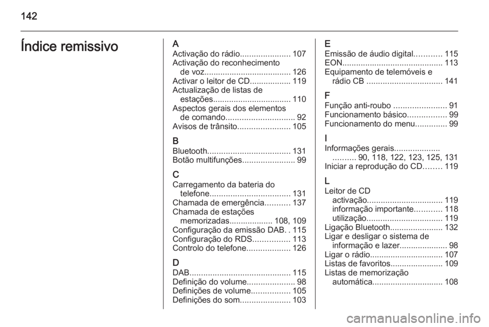OPEL ZAFIRA C 2015 Manual de Informação e Lazer (in Portugues) 142Índice remissivoAActivação do rádio ......................107
Activação do reconhecimento de voz...................................... 126
Activar o leitor de CD.................. 119
Actuali OPEL ZAFIRA C 2015 Manual de Informação e Lazer (in Portugues) 142Índice remissivoAActivação do rádio ......................107
Activação do reconhecimento de voz...................................... 126
Activar o leitor de CD.................. 119
Actuali
