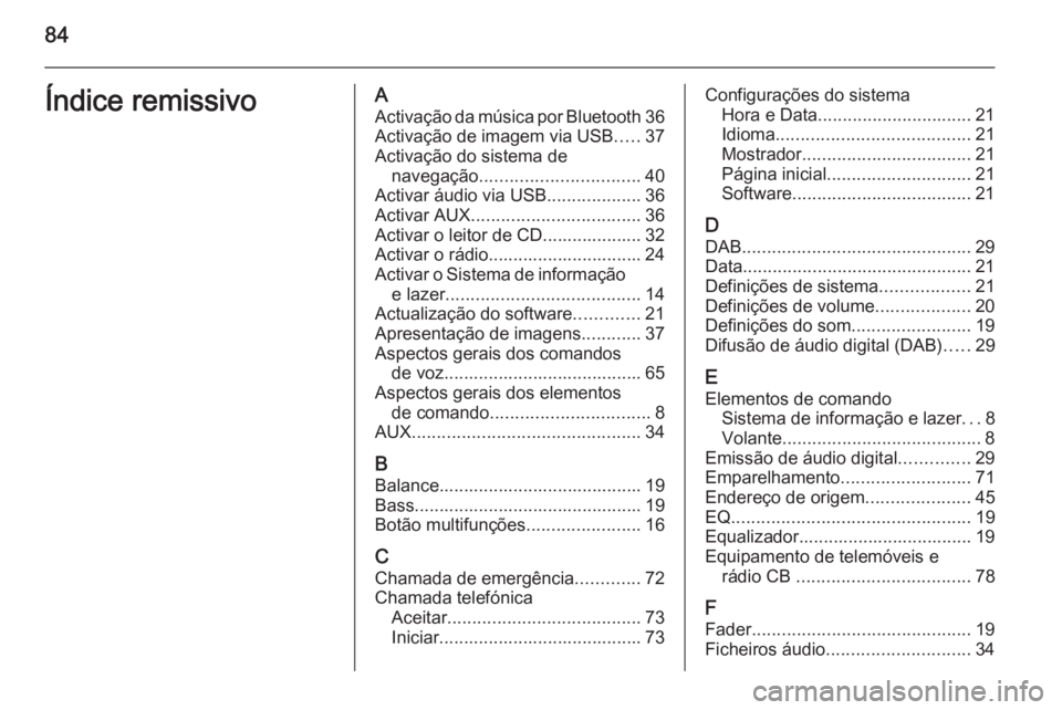 OPEL ZAFIRA C 2015  Manual de Informação e Lazer (in Portugues) 84Índice remissivoAActivação da música por Bluetooth 36
Activação de imagem via USB .....37
Activação do sistema de navegação ................................ 40
Activar áudio via USB .....