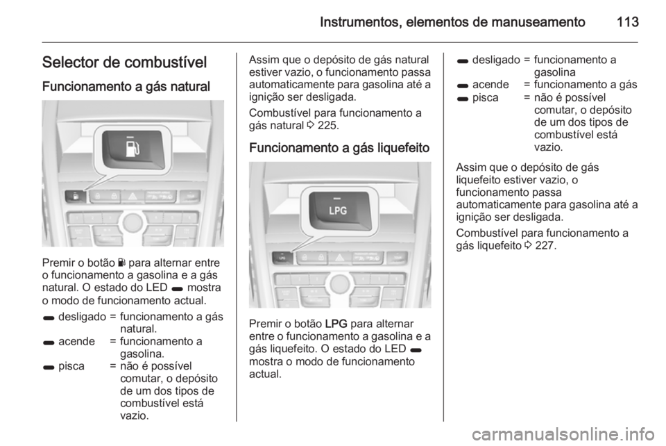 OPEL ZAFIRA C 2015 Manual de Instruções (in Portugues) Instrumentos, elementos de manuseamento113Selector de combustível
Funcionamento a gás natural
Premir o botão Y para alternar entre
o funcionamento a gasolina e a gás
natural. O estado do LED 1 m OPEL ZAFIRA C 2015 Manual de Instruções (in Portugues) Instrumentos, elementos de manuseamento113Selector de combustível
Funcionamento a gás natural
Premir o botão Y para alternar entre
o funcionamento a gasolina e a gás
natural. O estado do LED 1 m