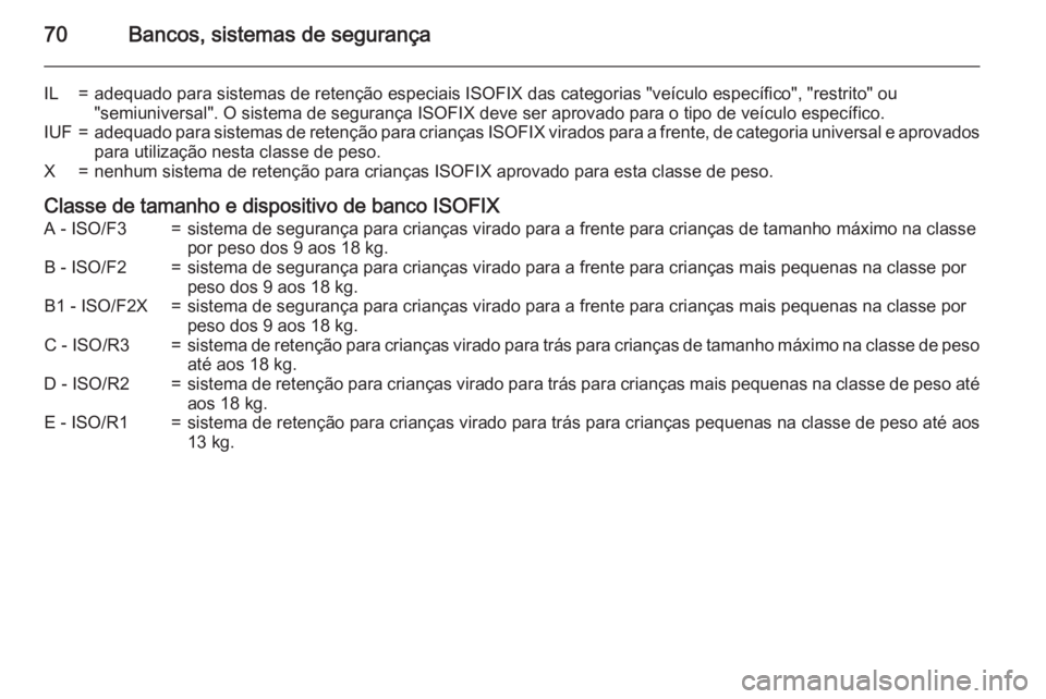 OPEL ZAFIRA C 2015.5  Manual de Instruções (in Portugues) 70Bancos, sistemas de segurança
IL=adequado para sistemas de retenção especiais ISOFIX das categorias "veículo específico", "restrito" ou"semiuniversal". O sistema de segu