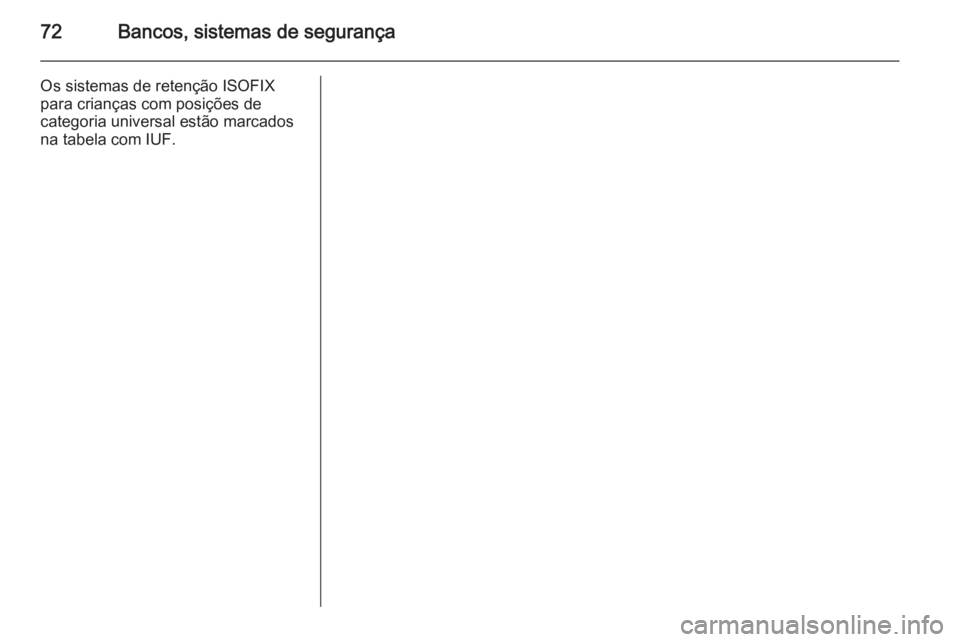 OPEL ZAFIRA C 2015.5  Manual de Instruções (in Portugues) 72Bancos, sistemas de segurança
Os sistemas de retenção ISOFIX
para crianças com posições de
categoria universal estão marcados
na tabela com IUF. 