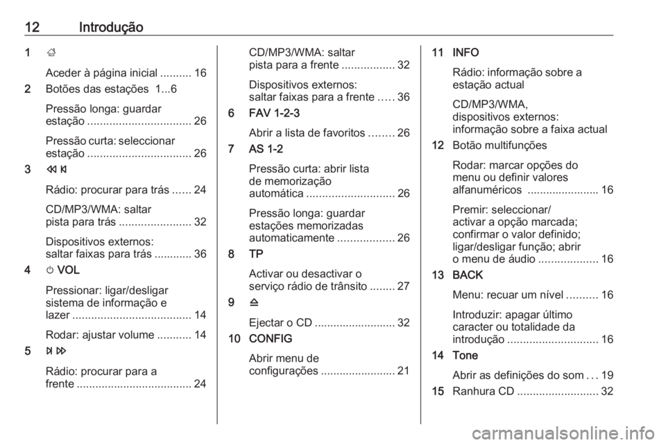 OPEL ZAFIRA C 2016  Manual de Informação e Lazer (in Portugues) 12Introdução1;
Aceder à página inicial ..........16
2 Botões das estações  1...6
Pressão longa: guardar
estação ................................. 26
Pressão curta: seleccionar estação ...