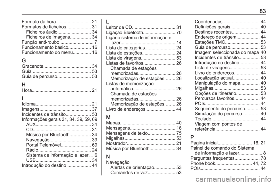 OPEL ZAFIRA C 2016 Manual de Informação e Lazer (in Portugues) 83Formato da hora........................... 21
Formatos de ficheiros ...................31
Ficheiros áudio .......................... 34
Ficheiros de imagens ................34
Função anti-roubo OPEL ZAFIRA C 2016 Manual de Informação e Lazer (in Portugues) 83Formato da hora........................... 21
Formatos de ficheiros ...................31
Ficheiros áudio .......................... 34
Ficheiros de imagens ................34
Função anti-roubo