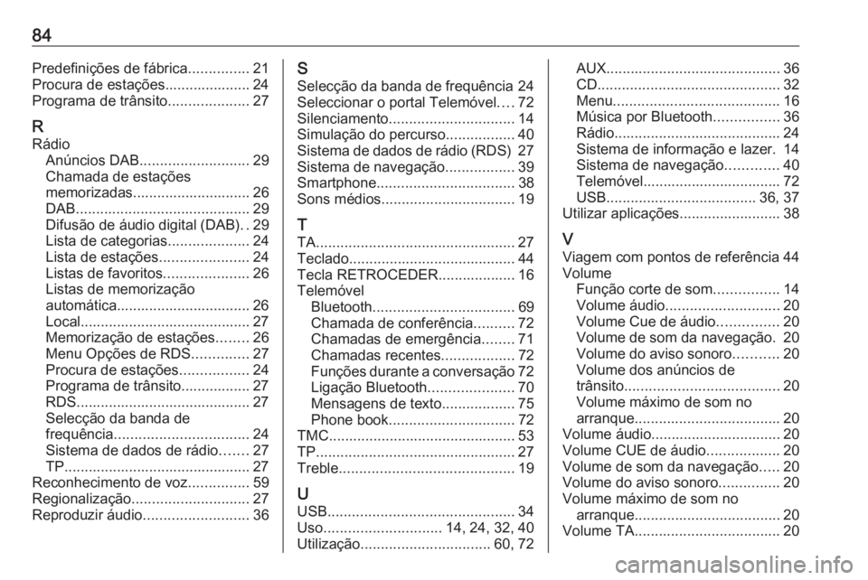 OPEL ZAFIRA C 2016  Manual de Informação e Lazer (in Portugues) 84Predefinições de fábrica...............21
Procura de estações..................... 24
Programa de trânsito ....................27
R Rádio Anúncios DAB ........................... 29
Chamada 