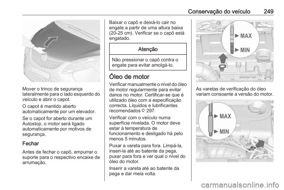 OPEL ZAFIRA C 2016 Manual de Instruções (in Portugues) Conservação do veículo249
Mover o trinco de segurança
lateralmente para o lado esquerdo do veículo e abrir o capot.
O capot é mantido aberto
automaticamente por um elevador.
Se o capot for abert OPEL ZAFIRA C 2016 Manual de Instruções (in Portugues) Conservação do veículo249
Mover o trinco de segurança
lateralmente para o lado esquerdo do veículo e abrir o capot.
O capot é mantido aberto
automaticamente por um elevador.
Se o capot for abert
