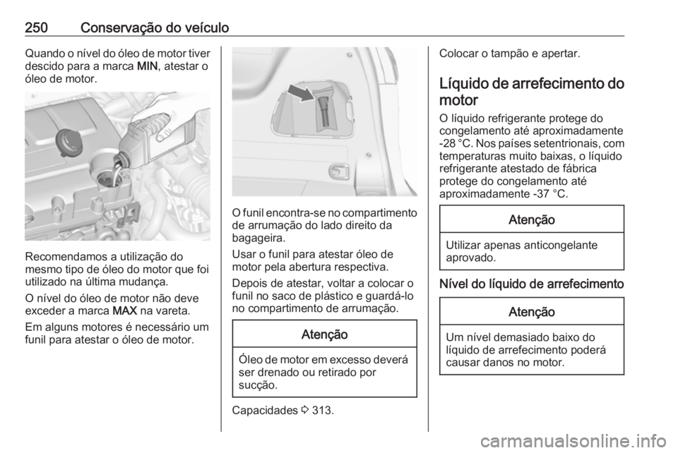 OPEL ZAFIRA C 2016 Manual de Instruções (in Portugues) 250Conservação do veículoQuando o nível do óleo de motor tiverdescido para a marca MIN, atestar o
óleo de motor.
Recomendamos a utilização do
mesmo tipo de óleo do motor que foi utilizado na OPEL ZAFIRA C 2016 Manual de Instruções (in Portugues) 250Conservação do veículoQuando o nível do óleo de motor tiverdescido para a marca MIN, atestar o
óleo de motor.
Recomendamos a utilização do
mesmo tipo de óleo do motor que foi utilizado na