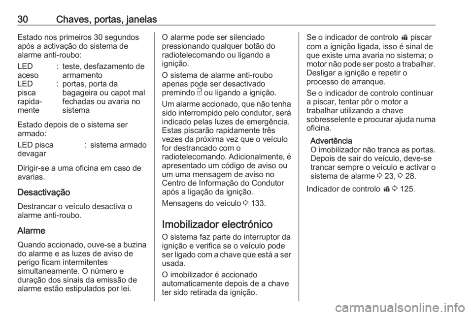 OPEL ZAFIRA C 2016 Manual de Instruções (in Portugues) 30Chaves, portas, janelasEstado nos primeiros 30 segundos
após a activação do sistema de
alarme anti-roubo:LED
aceso:teste, desfazamento de
armamentoLED
pisca
rapida‐
mente:portas, porta da
bagag OPEL ZAFIRA C 2016 Manual de Instruções (in Portugues) 30Chaves, portas, janelasEstado nos primeiros 30 segundos
após a activação do sistema de
alarme anti-roubo:LED
aceso:teste, desfazamento de
armamentoLED
pisca
rapida‐
mente:portas, porta da
bagag