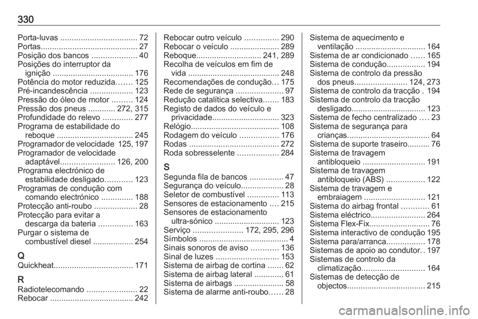 OPEL ZAFIRA C 2016 Manual de Instruções (in Portugues) 330Porta-luvas .................................. 72
Portas ........................................... 27
Posição dos bancos ....................40
Posições do interruptor da ignição ........ OPEL ZAFIRA C 2016 Manual de Instruções (in Portugues) 330Porta-luvas .................................. 72
Portas ........................................... 27
Posição dos bancos ....................40
Posições do interruptor da ignição ........