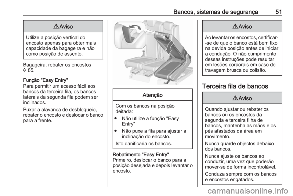 OPEL ZAFIRA C 2016 Manual de Instruções (in Portugues) Bancos, sistemas de segurança519Aviso
Utilize a posição vertical do
encosto apenas para obter mais
capacidade da bagageira e não
como posição de assento.
Bagageira, rebater os encostos
3 85.
Fu OPEL ZAFIRA C 2016 Manual de Instruções (in Portugues) Bancos, sistemas de segurança519Aviso
Utilize a posição vertical do
encosto apenas para obter mais
capacidade da bagageira e não
como posição de assento.
Bagageira, rebater os encostos
3 85.
Fu
