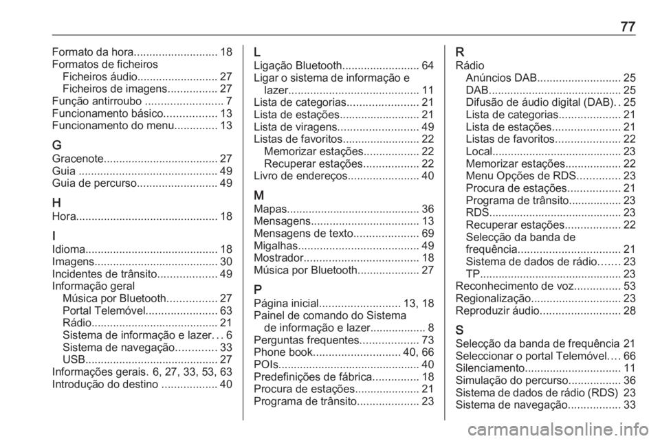 OPEL ZAFIRA C 2017 Manual de Informação e Lazer (in Portugues) 77Formato da hora........................... 18
Formatos de ficheiros Ficheiros áudio .......................... 27
Ficheiros de imagens ................27
Função antirroubo ...................... OPEL ZAFIRA C 2017 Manual de Informação e Lazer (in Portugues) 77Formato da hora........................... 18
Formatos de ficheiros Ficheiros áudio .......................... 27
Ficheiros de imagens ................27
Função antirroubo ......................