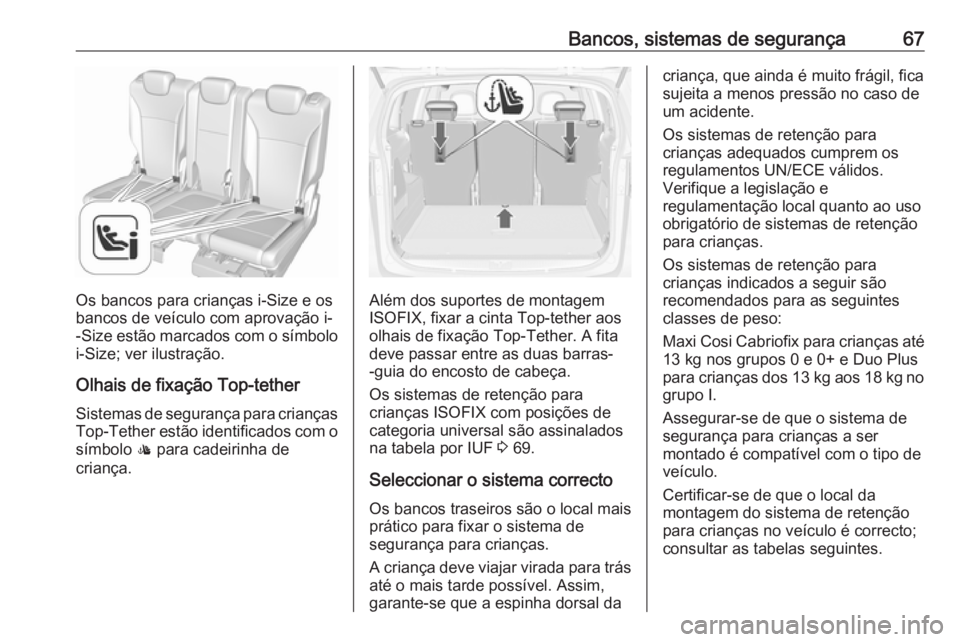 OPEL ZAFIRA C 2017.25 Manual de Instruções (in Portugues) Bancos, sistemas de segurança67
Os bancos para crianças i-Size e os
bancos de veículo com aprovação i- -Size estão marcados com o símbolo
i-Size; ver ilustração.
Olhais de fixação Top-tethe OPEL ZAFIRA C 2017.25 Manual de Instruções (in Portugues) Bancos, sistemas de segurança67
Os bancos para crianças i-Size e os
bancos de veículo com aprovação i- -Size estão marcados com o símbolo
i-Size; ver ilustração.
Olhais de fixação Top-tethe
