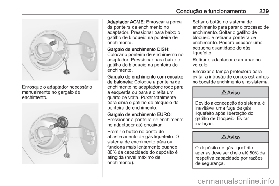 OPEL ZAFIRA C 2017.5  Manual de Instruções (in Portugues) Condução e funcionamento229
Enrosque o adaptador necessário
manualmente no gargalo de
enchimento.
Adaptador ACME:  Enroscar a porca
da ponteira de enchimento no
adaptador. Pressionar para baixo o
g