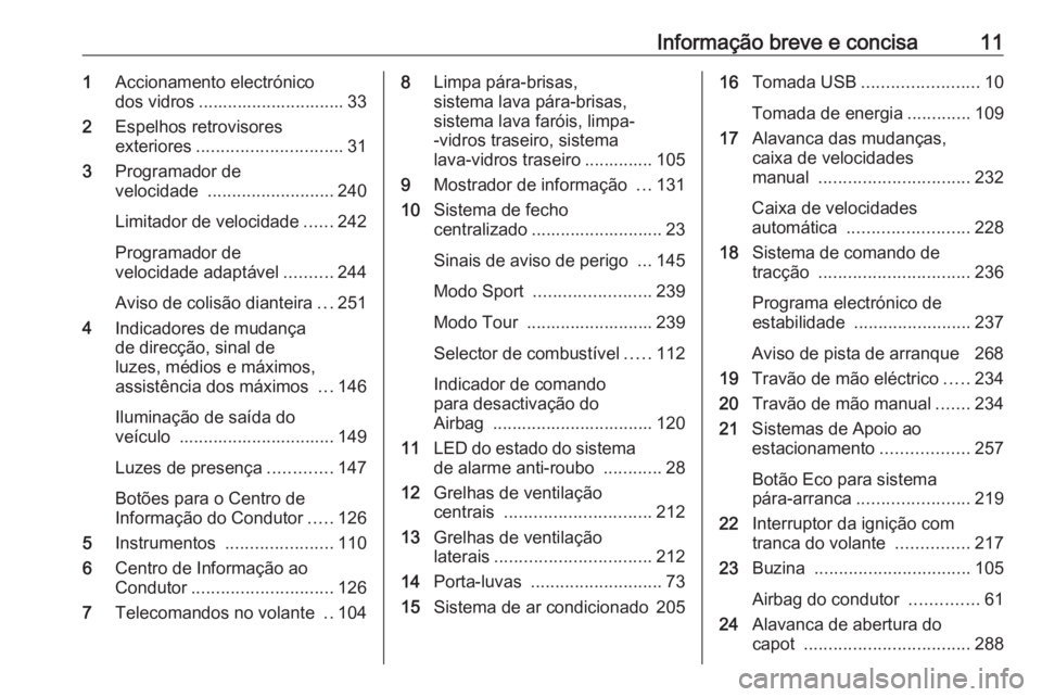 OPEL ZAFIRA C 2018 Manual de Instruções (in Portugues) Informação breve e concisa111Accionamento electrónico
dos vidros .............................. 33
2 Espelhos retrovisores
exteriores .............................. 31
3 Programador de
velocidade OPEL ZAFIRA C 2018 Manual de Instruções (in Portugues) Informação breve e concisa111Accionamento electrónico
dos vidros .............................. 33
2 Espelhos retrovisores
exteriores .............................. 31
3 Programador de
velocidade