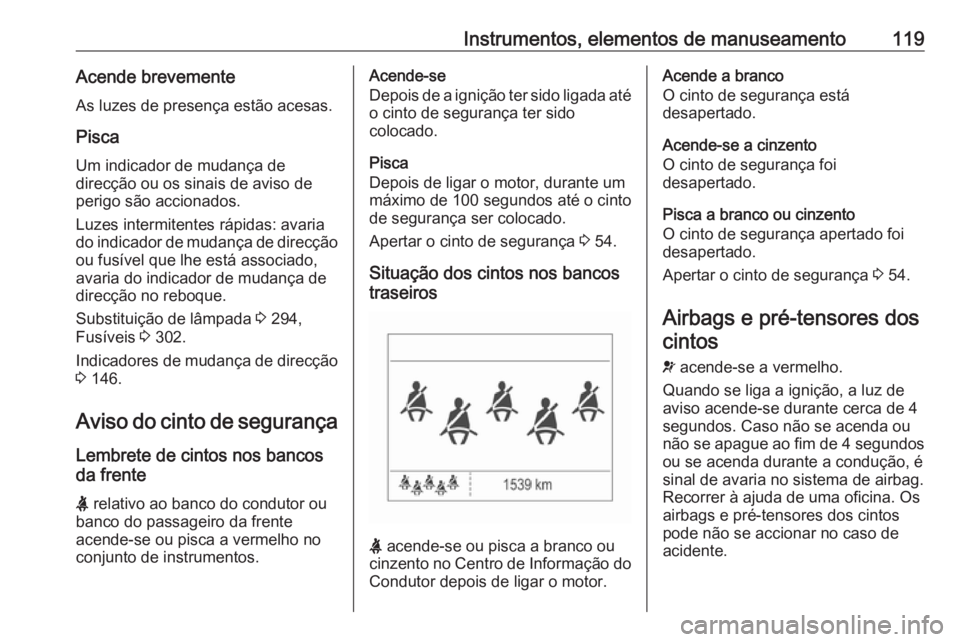 OPEL ZAFIRA C 2018 Manual de Instruções (in Portugues) Instrumentos, elementos de manuseamento119Acende brevementeAs luzes de presença estão acesas.
Pisca
Um indicador de mudança de
direcção ou os sinais de aviso de
perigo são accionados.
Luzes inte OPEL ZAFIRA C 2018 Manual de Instruções (in Portugues) Instrumentos, elementos de manuseamento119Acende brevementeAs luzes de presença estão acesas.
Pisca
Um indicador de mudança de
direcção ou os sinais de aviso de
perigo são accionados.
Luzes inte