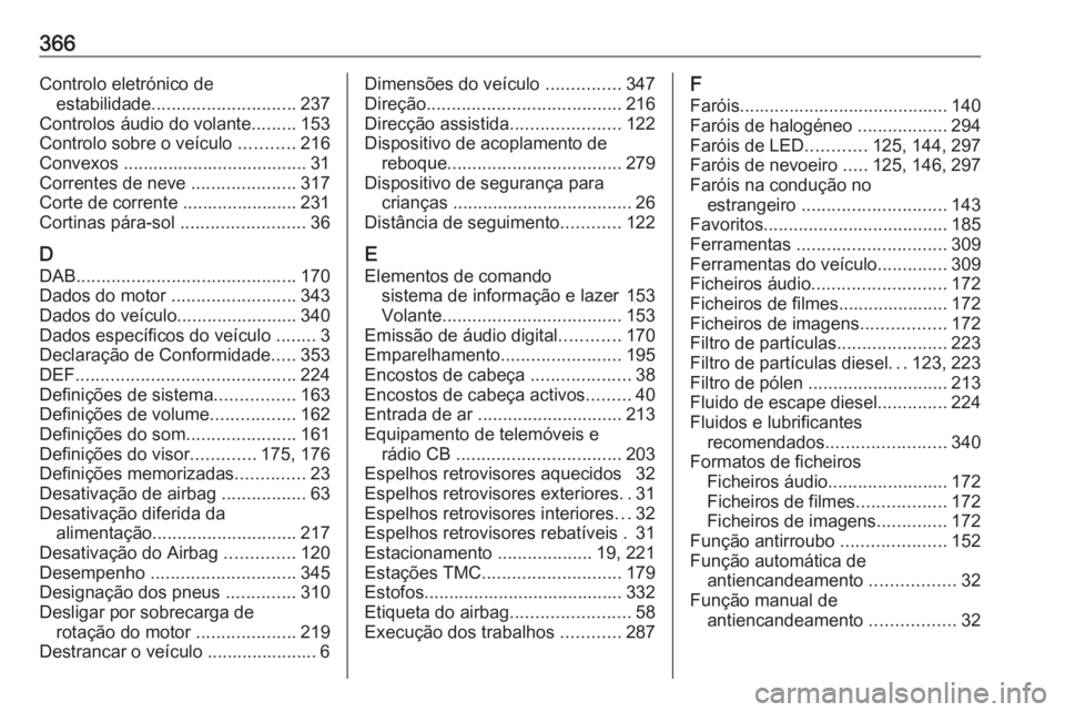OPEL ZAFIRA C 2018  Manual de Instruções (in Portugues) 366Controlo eletrónico deestabilidade ............................. 237
Controlos áudio do volante .........153
Controlo sobre o veículo  ...........216
Convexos ...................................