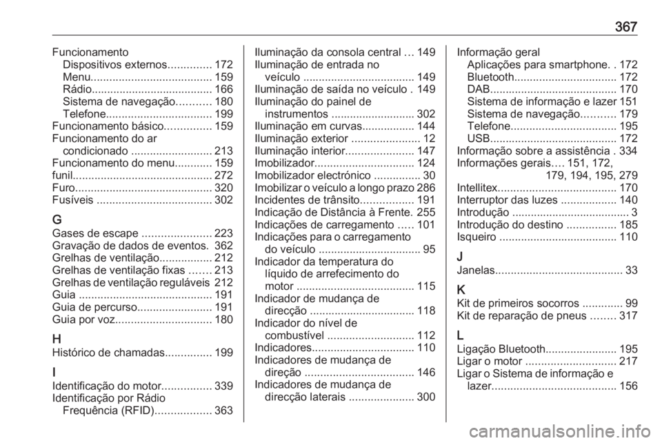 OPEL ZAFIRA C 2018  Manual de Instruções (in Portugues) 367FuncionamentoDispositivos externos ..............172
Menu ....................................... 159
Rádio ....................................... 166
Sistema de navegação ...........180
Telefo