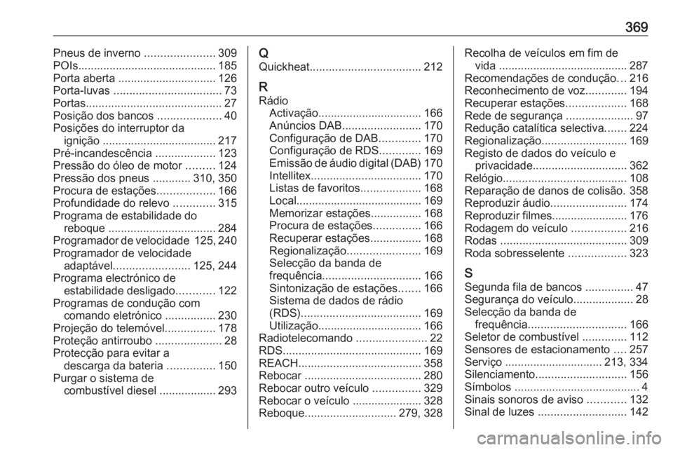 OPEL ZAFIRA C 2018 Manual de Instruções (in Portugues) 369Pneus de inverno ......................309
POIs............................................ 185
Porta aberta ............................... 126
Porta-luvas .................................. 73
OPEL ZAFIRA C 2018 Manual de Instruções (in Portugues) 369Pneus de inverno ......................309
POIs............................................ 185
Porta aberta ............................... 126
Porta-luvas .................................. 73