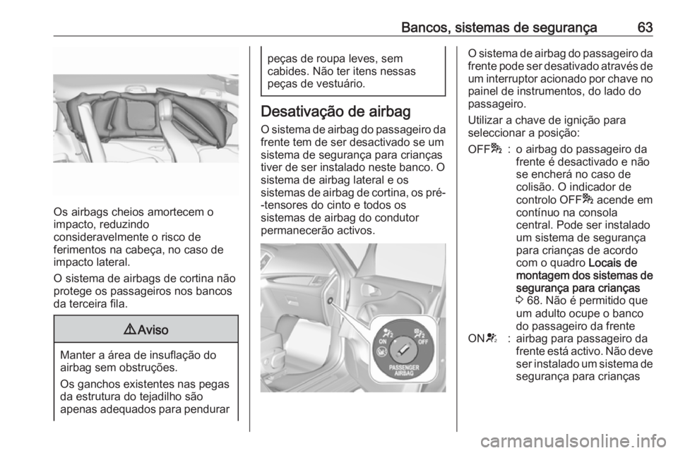 OPEL ZAFIRA C 2018  Manual de Instruções (in Portugues) Bancos, sistemas de segurança63
Os airbags cheios amortecem o
impacto, reduzindo
consideravelmente o risco de
ferimentos na cabeça, no caso de
impacto lateral.
O sistema de airbags de cortina não
p