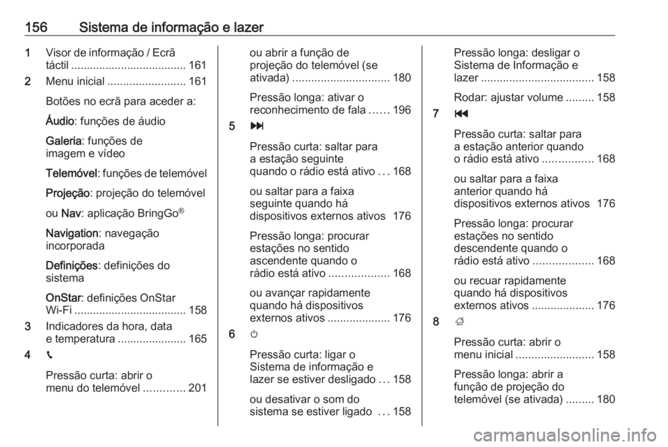 OPEL ZAFIRA C 2018.5 Manual de Instruções (in Portugues) 156Sistema de informação e lazer1Visor de informação / Ecrã
táctil ..................................... 161
2 Menu inicial ......................... 161
Botões no ecrã para aceder a:
Áudio : OPEL ZAFIRA C 2018.5 Manual de Instruções (in Portugues) 156Sistema de informação e lazer1Visor de informação / Ecrã
táctil ..................................... 161
2 Menu inicial ......................... 161
Botões no ecrã para aceder a:
Áudio :