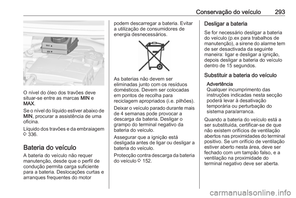 OPEL ZAFIRA C 2018.5  Manual de Instruções (in Portugues) Conservação do veículo293
O nível do óleo dos travões deve
situar-se entre as marcas  MIN e
MAX .
Se o nível do líquido estiver abaixo de MIN , procurar a assistência de uma
oficina.
Líquido