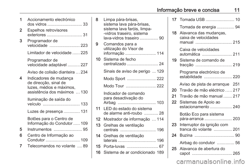 OPEL ZAFIRA C 2019  Manual de Instruções (in Portugues) Informação breve e concisa111Accionamento electrónico
dos vidros .............................. 33
2 Espelhos retrovisores
exteriores .............................. 31
3 Programador de
velocidade  